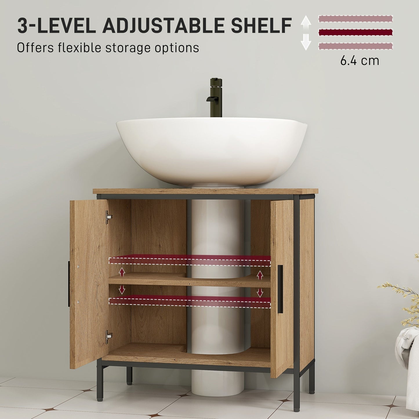 HOMCOM Bathroom Vanity Unit, Under Sink Storage Cabinet with 2 Doors, Adjustable Shelf for Basin without or with Pedestal, Oak