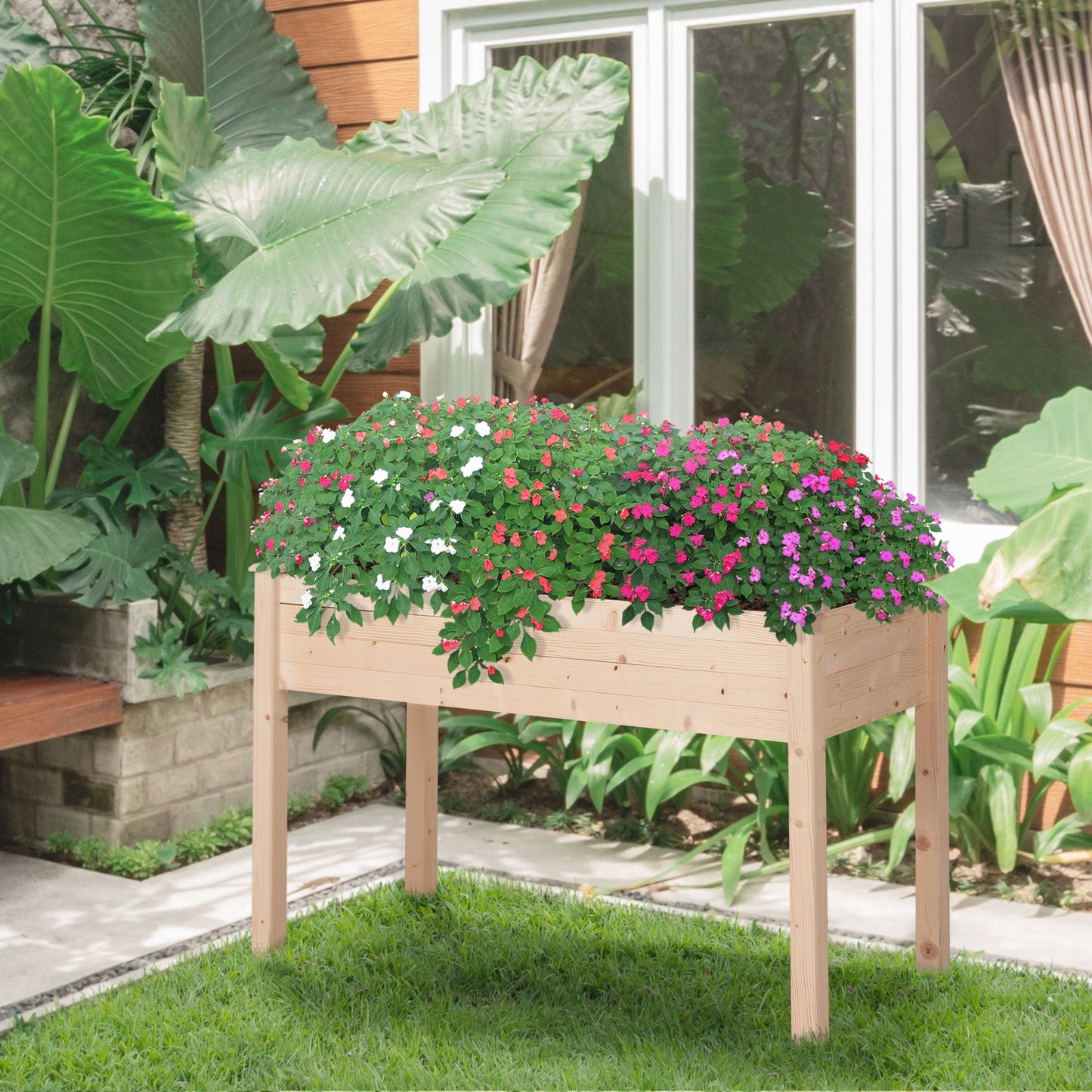 Outsunny Garden Wooden Planters_ Non-Woven Fabric, Rectangular Raised Bed,Fir Wood_Indoor/Outdoor, 122.5Lx56.5Wx76H cm