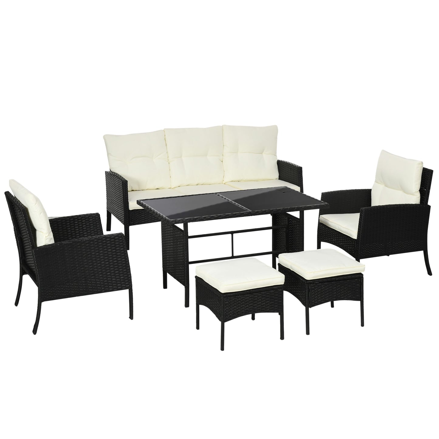 Zestaw mebli ogrodowych Outsunny 5 Seater Rattan, 2 fotele, 3-osobowa sofa wiklinowa, 2 podnóżki i szklany stolik, 6-częściowy zestaw mebli ogrodowych z rattanu z poduszkami do ogrodu zimowego, biały