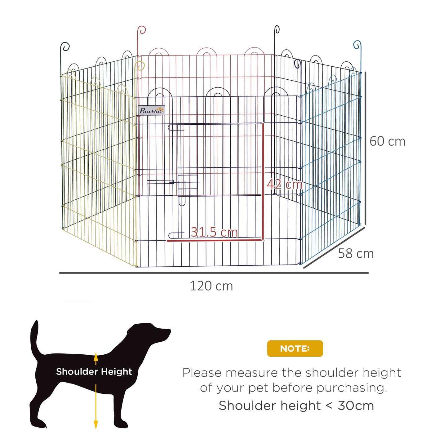 PawHut Pet Playpen Crate, z sześcioma panelami, drzwiami, do użytku wewnątrz i na zewnątrz