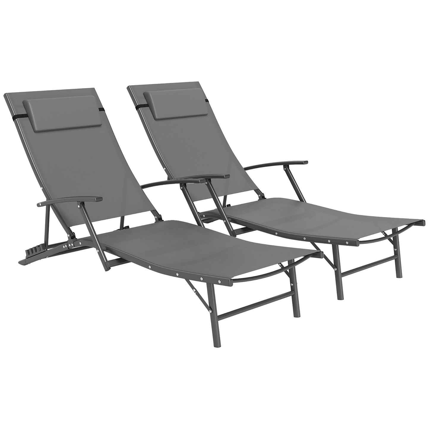 Outsunny Zestaw 2 składanych leżaków do ogrodu, 4 pozycje regulowanych leżaków ogrodowych z podłokietnikami, poduszkami, stalową ramą, leżaki do patio, na plażę i przy basen, szary