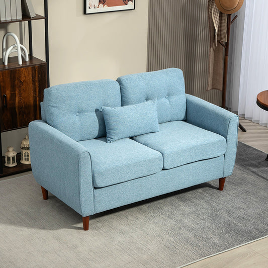 HOMCOM 2 Seater Sofa with Spring Cushion, Fabric Sofa with Wooden Legs, Modern Love Seat for Living Room, 140cm Width Tufted Couch for Bedroom, Light Blue