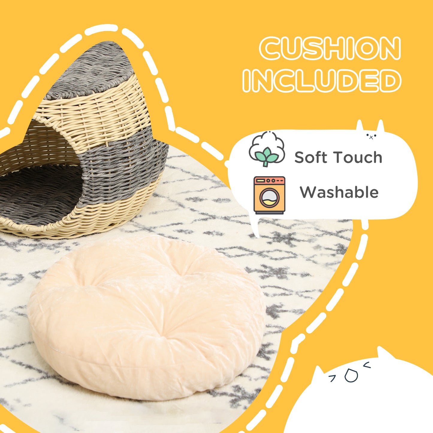 PawHut Wicker Cat House, Rattan Raised Cat Bed, Cosy Kitten Cave with Soft Washable Cushion, â40 x 30cm