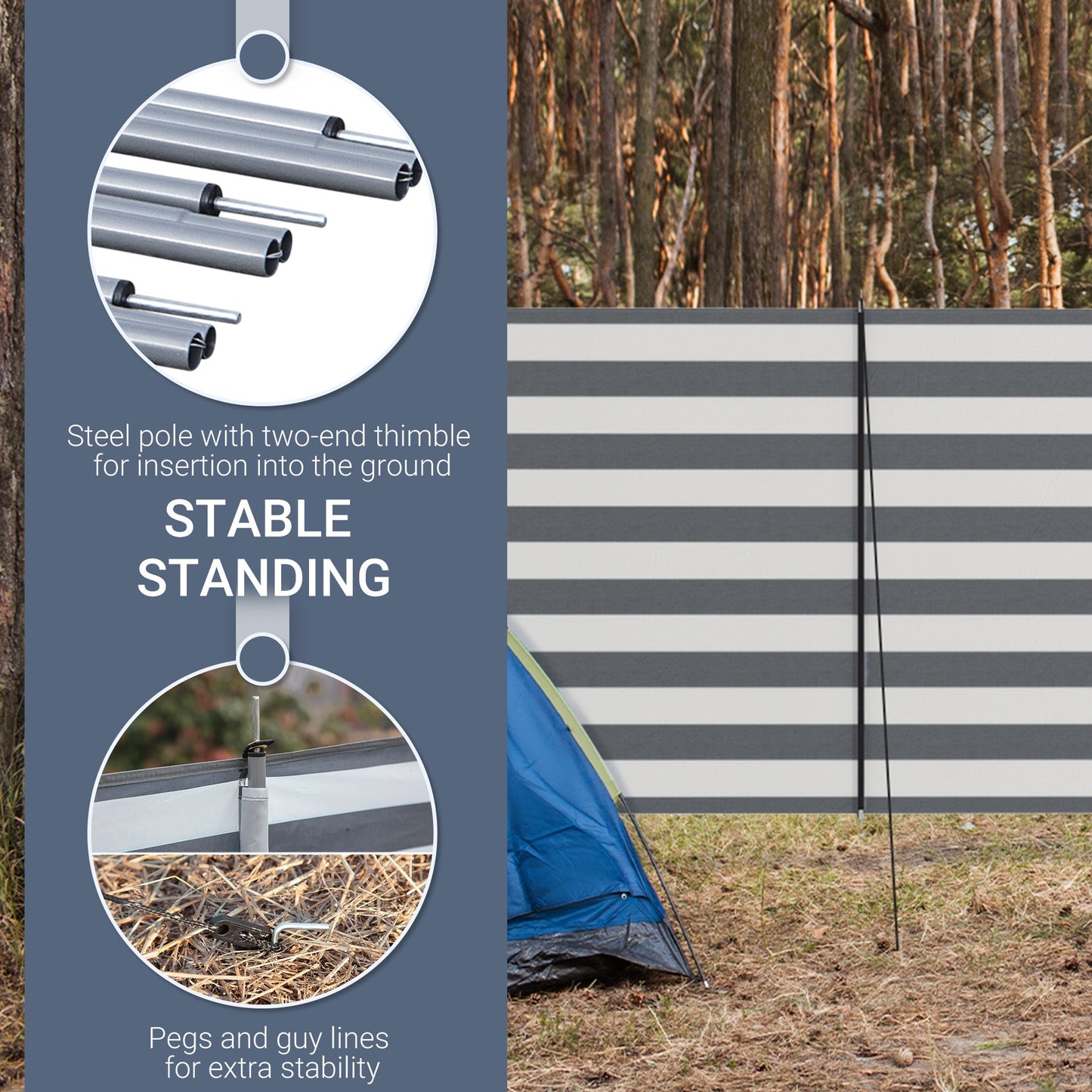 Outsunny 5 Pole Camping Windbreaks, osłona przeciwwiatrowa na plażę z torbą transportową i stalowymi słupkami, osłona prywatności na zewnątrz przyczepy kempingowej, 540 cm x 150 cm, szaro-biały
