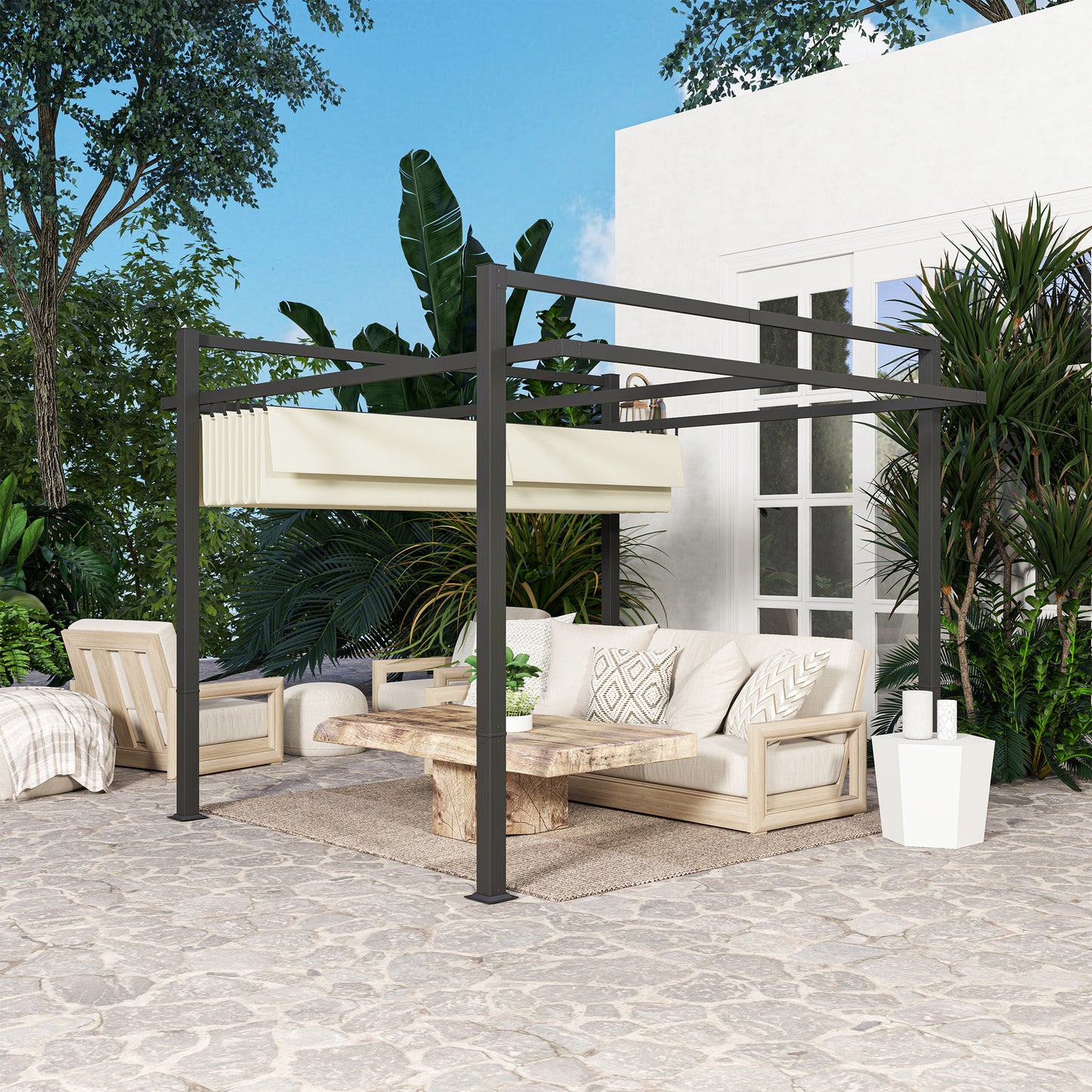 Pergola aluminiowa Outsunny 3 x 3 m z rozsuwanym dachem – szara/khaki