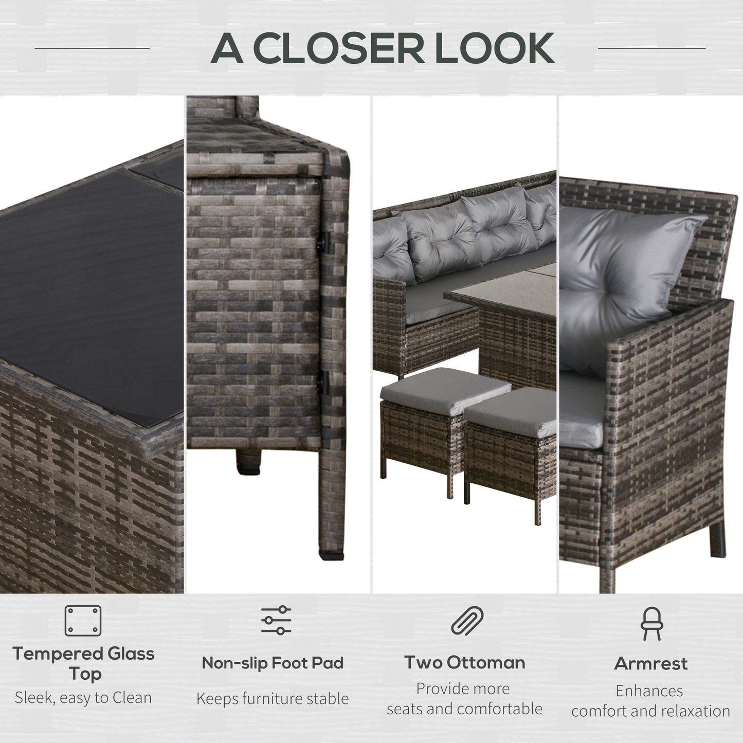 Zestaw wypoczynkowy Outsunny Patio 8 Seater Wicker Sofa, sofa ogrodowa ze stołem i poduszkami, kolor szary