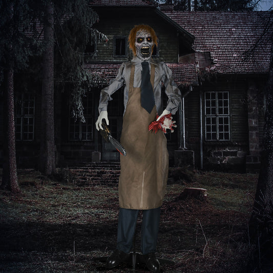 HOMCOM 5.5ft Life Size Halloween Animatronic Standing Chainsaw Killer, with Light Up Eyes, Sound Activated Moving Body, Scary Halloween Decorations, Battery Operated, Indoor Party Props