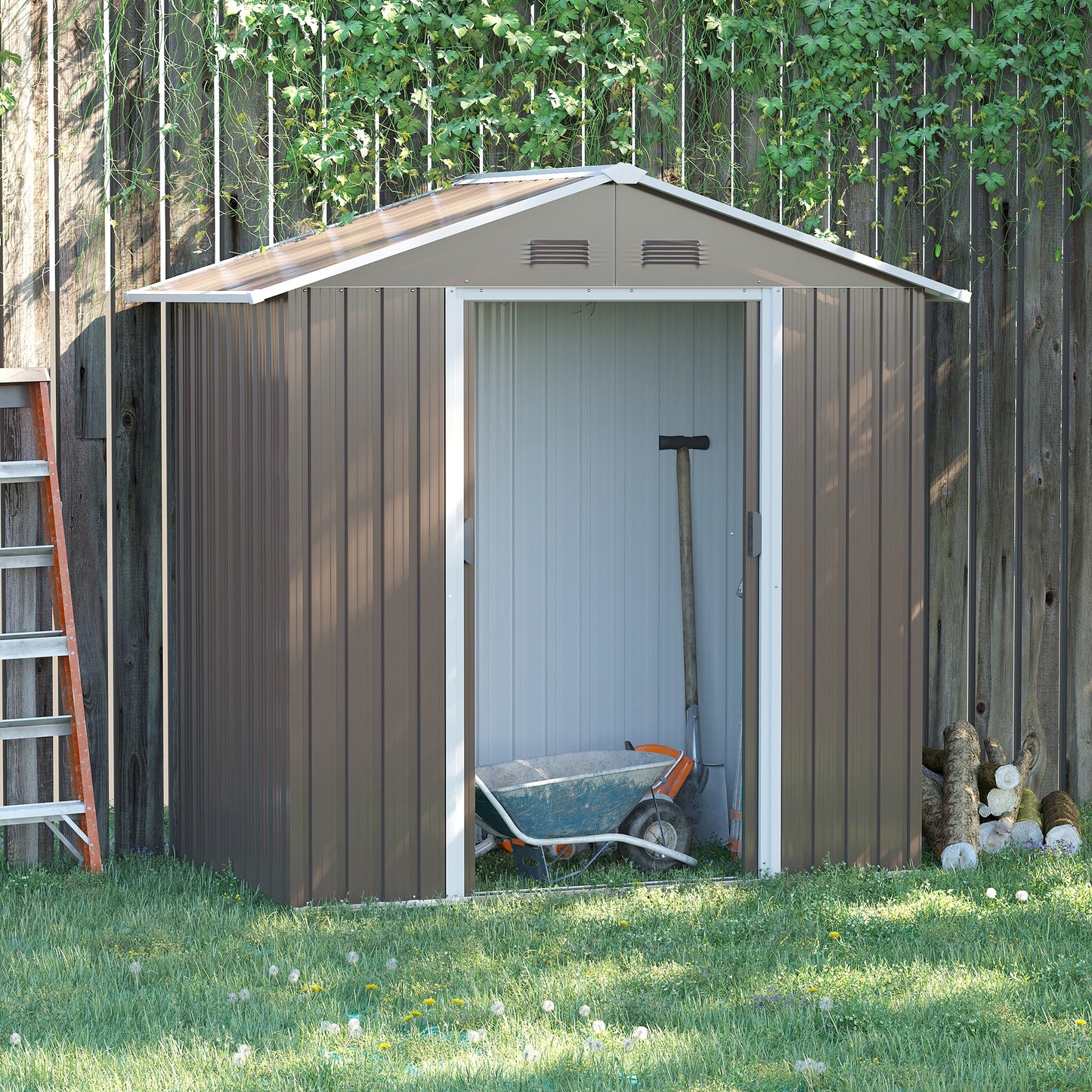 Outsunny 6,5ft x 3,5ft Metalowy domek ogrodowy do przechowywania narzędzi zewnętrznych z podwójnymi drzwiami przesuwnymi i 4 otworami wentylacyjnymi, szary