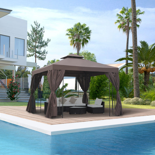 Outsunny 3 x 3 m Garden Gazebo Double Roof Marquee Patio Wedding Party Tent Canopy Shelter with Sidewalls (Brown)