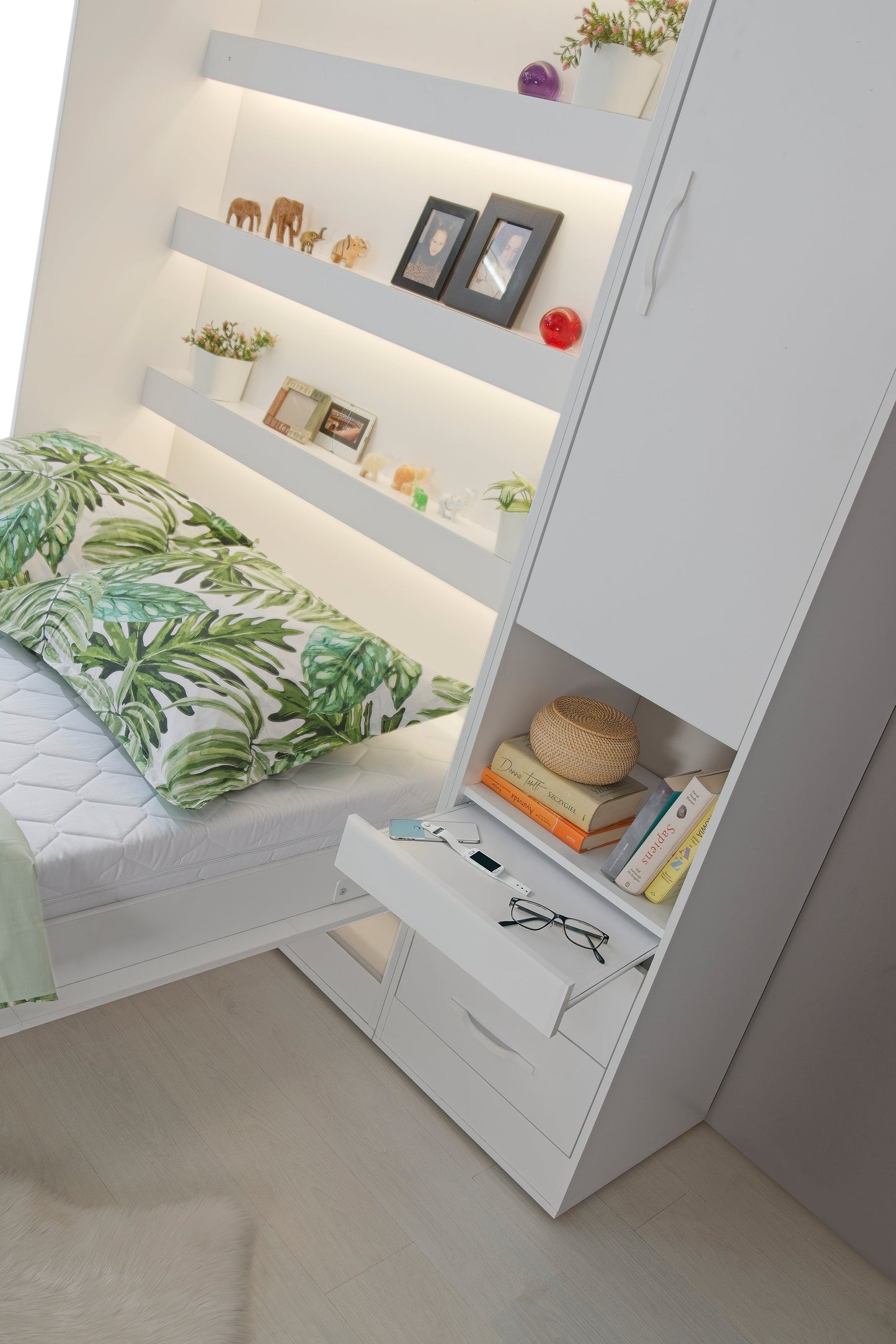 SPACEO Horizontal Wall Bed 140x200 White / Oak Artisan / Black Handles