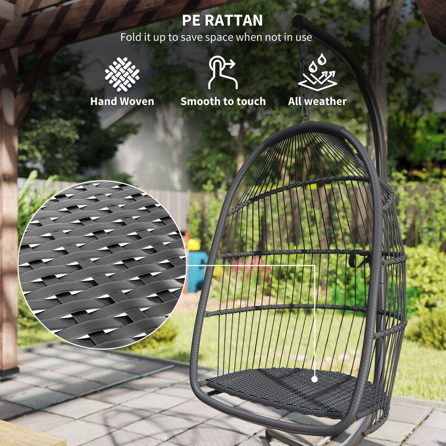 Outsunny Rattan Wiszący Fotel Jajko ze Stojakiem, Składany Wiklinowy Fotel Jajko z Poduszką, Poduszką na Głowę, Stalową Stelażem, Fotel Hamakowy Do Wewnątrz I Na Zewnątrz, Nośność 150 kg, Ciemnoszary