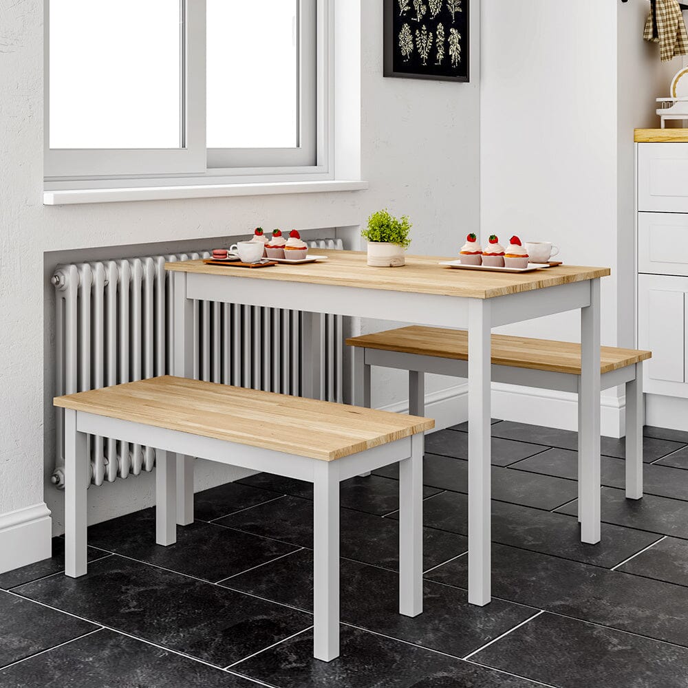 Modern Solid Wood Dining Table Set with 2 Benches