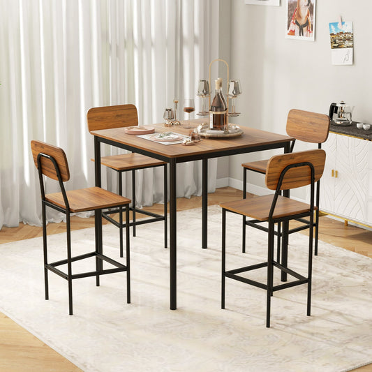 5-Piece Dining Bar Table Set for 4 Counter-Height Dining Table and 4 Bar Chairs-Brown