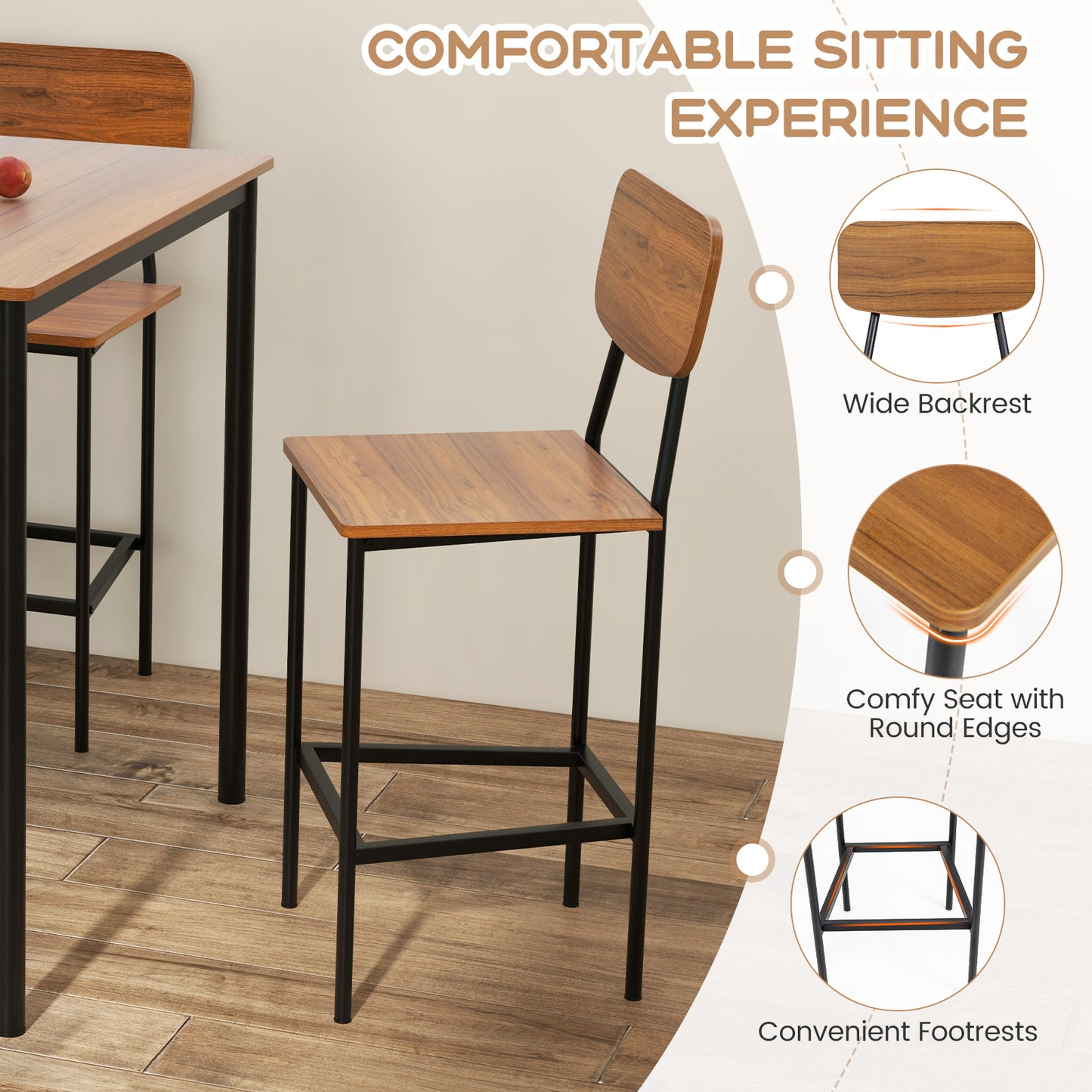 5-Piece Dining Bar Table Set for 4 Counter-Height Dining Table and 4 Bar Chairs-Brown