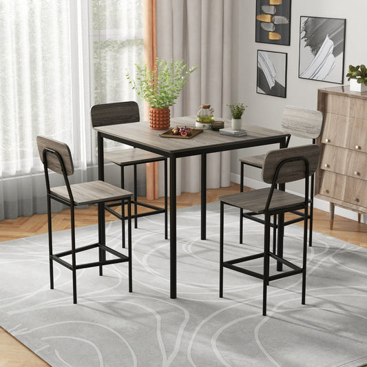 5-Piece Dining Bar Table Set for 4 Counter-Height Dining Table and 4 Bar Chairs-Grey