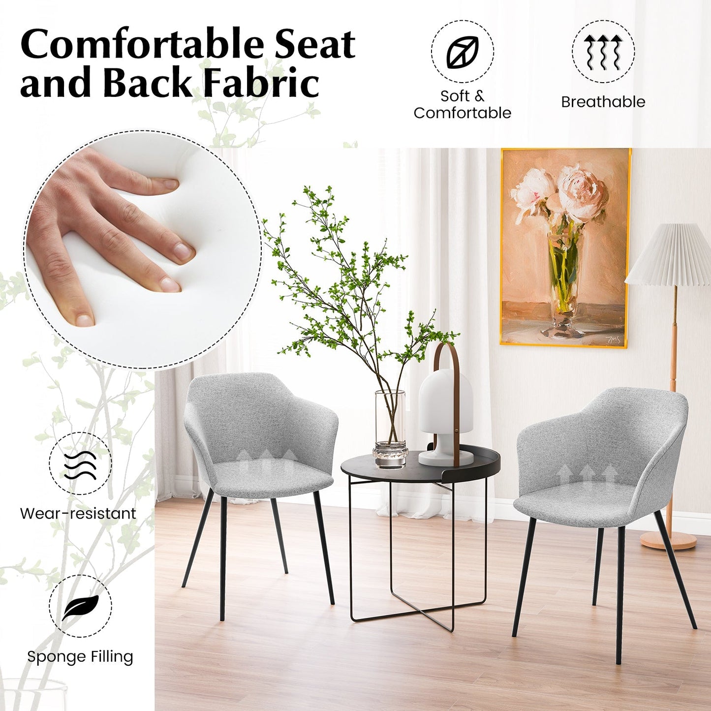 Dining Chairs Set of 2 with Ergonomic Backrest Design and Wide Armrest-Off-White