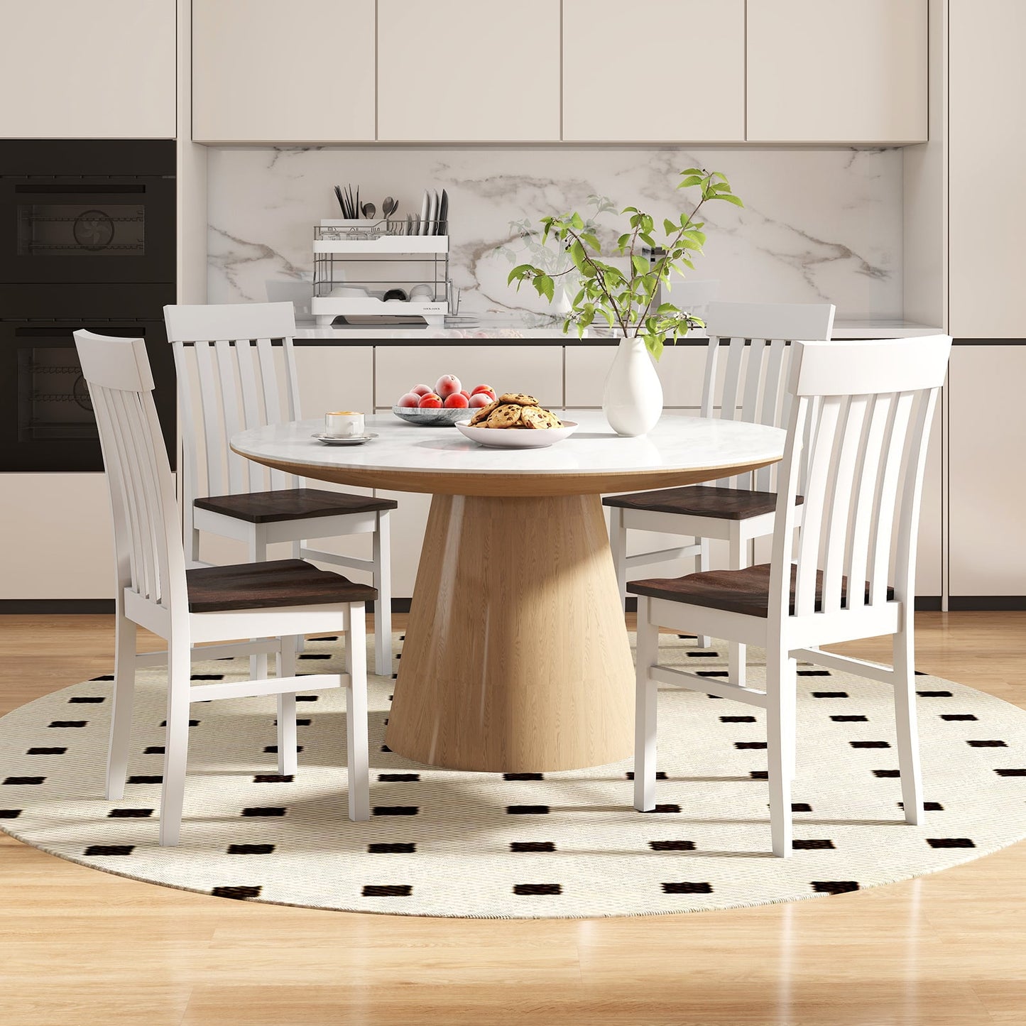 Dining Chairs Set of 2 with Hollowed Backrests and Rubber Wood Seats-Walnut & White