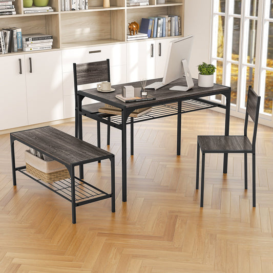 Dining Table Set for 4 with Storage Racks and Metal Frame-Grey