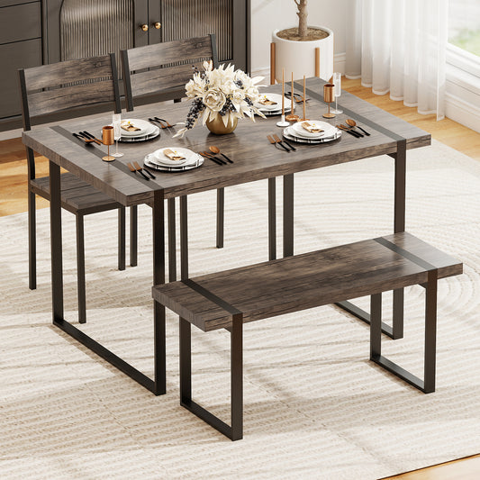 4-Piece Wooden Rectangular Dining Table Set with 1 Bench and 2 Armless Chairs for 4-Grey