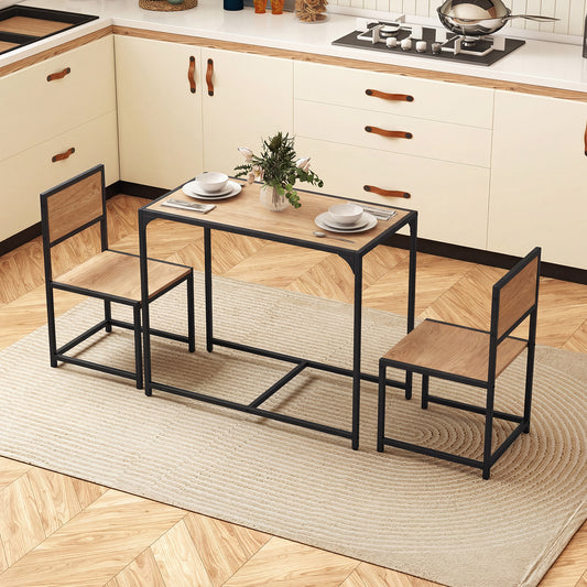 3 Piece Dining Table Set with Metal Frame and Low Back-Natural
