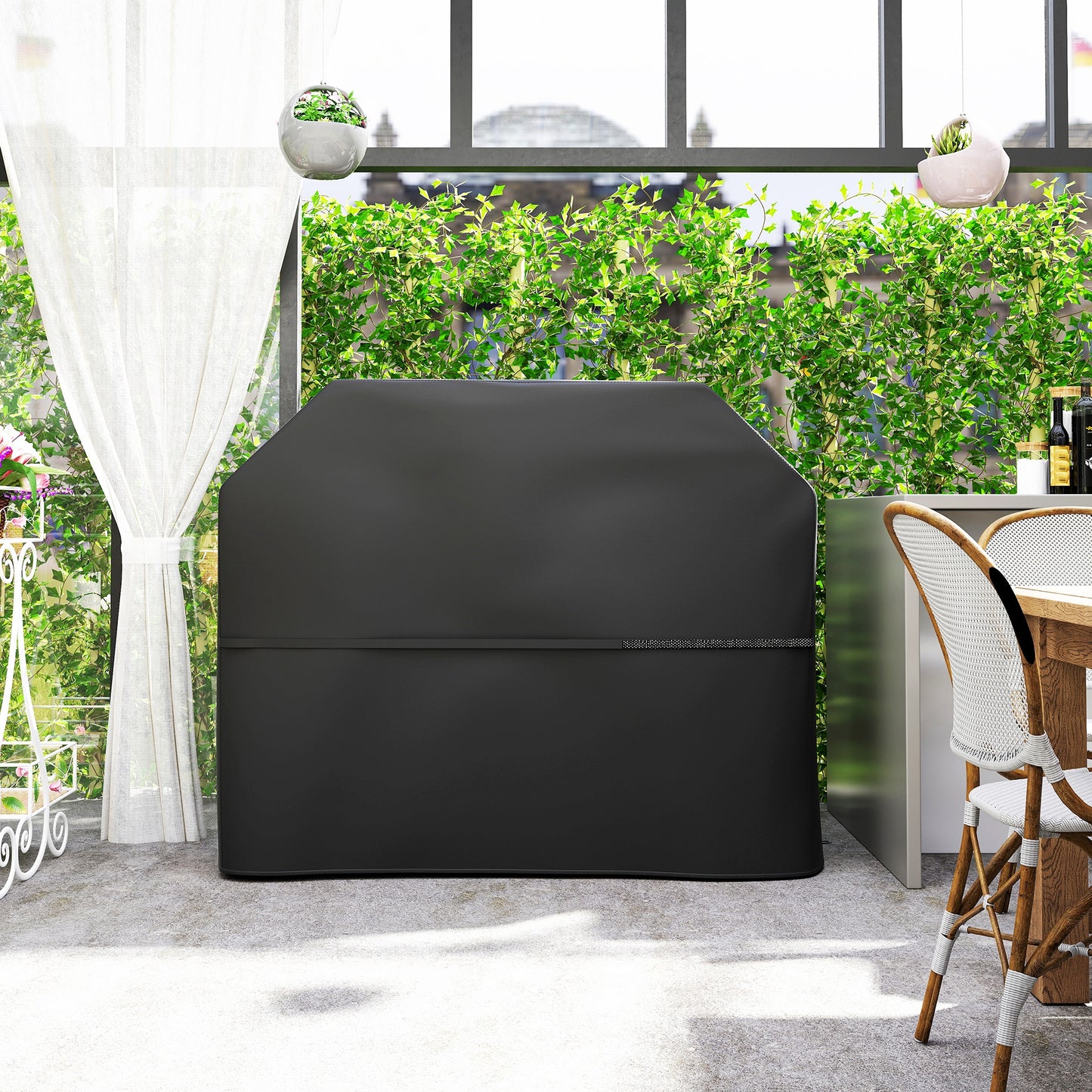 Pokrowiec Outsunny BBQ na prostokątny grill gazowy, 600D UPF30+ Oxford Fabric Barbecue Cover zapewniający wodoodporną ochronę i odporność na rozdarcia, z wiatroszczelnymi zapięciami na rzepy, otwory wentylacyjne, 147 x 61 x 122 cm, czarny