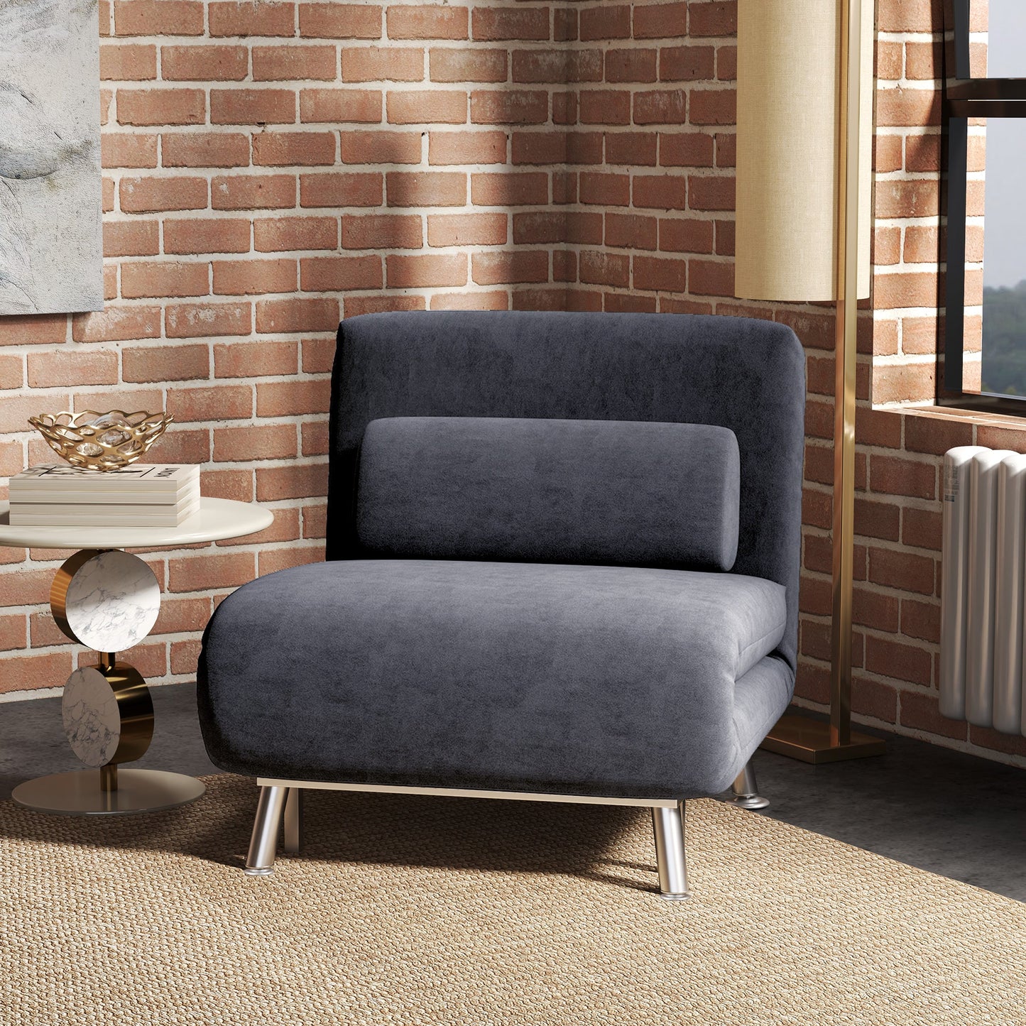 HOMCOM Single Velvet-Feel Sleeper Chair - Dark Grey