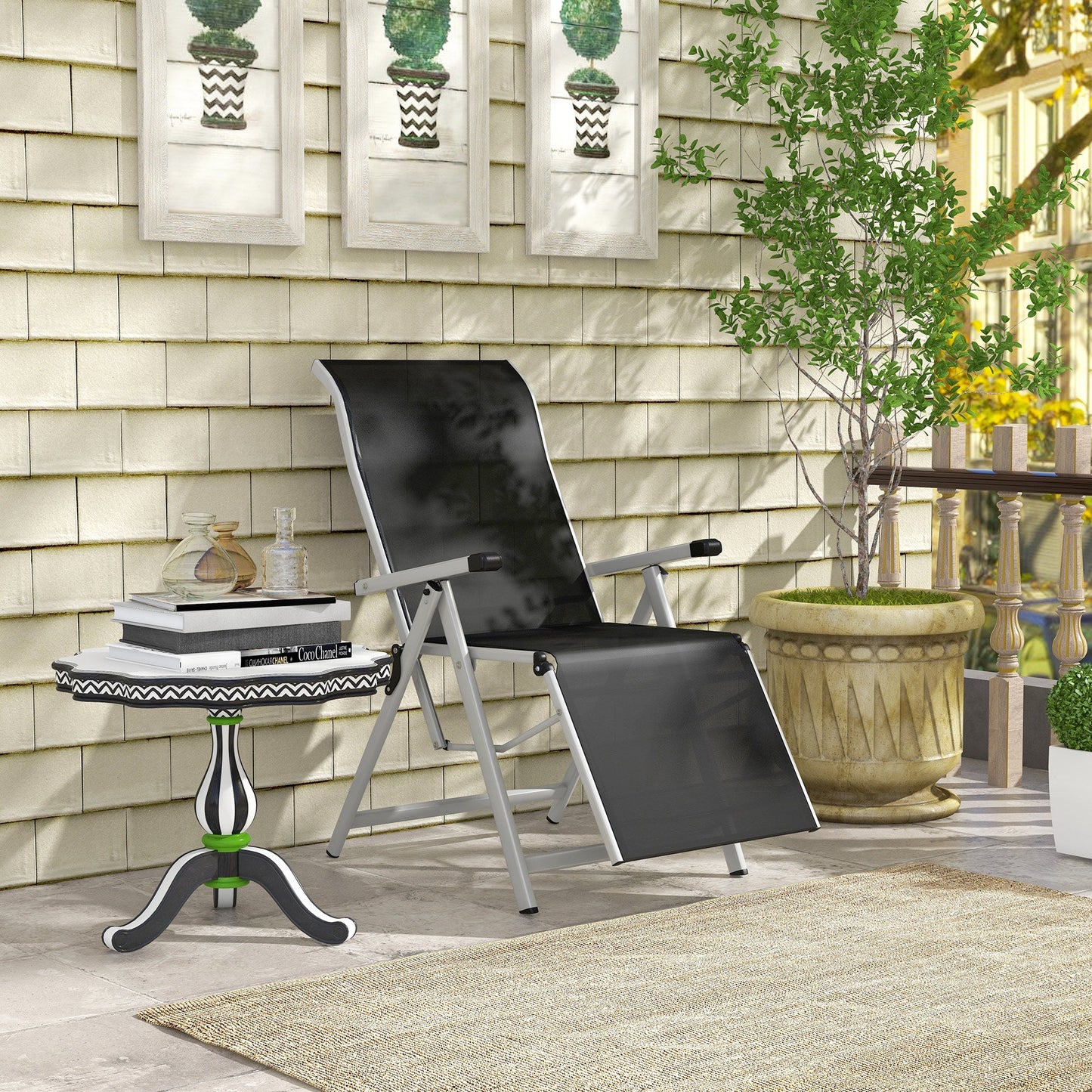 Outsunny Outdoor Sun Lounger 10-Position Adjustable Texteline Folding Reclining Chairs with Footrest for Patio Garden, Black