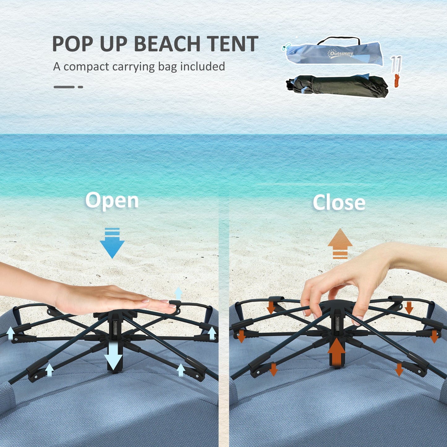 Outsunny 2-3 osobowy namiot plażowy typu pop-up, UPF15+, osłona przeciwsłoneczna z przedłużoną podłogą, worki z piaskiem, okna z siatki i torba transportowa, jasnoniebieski