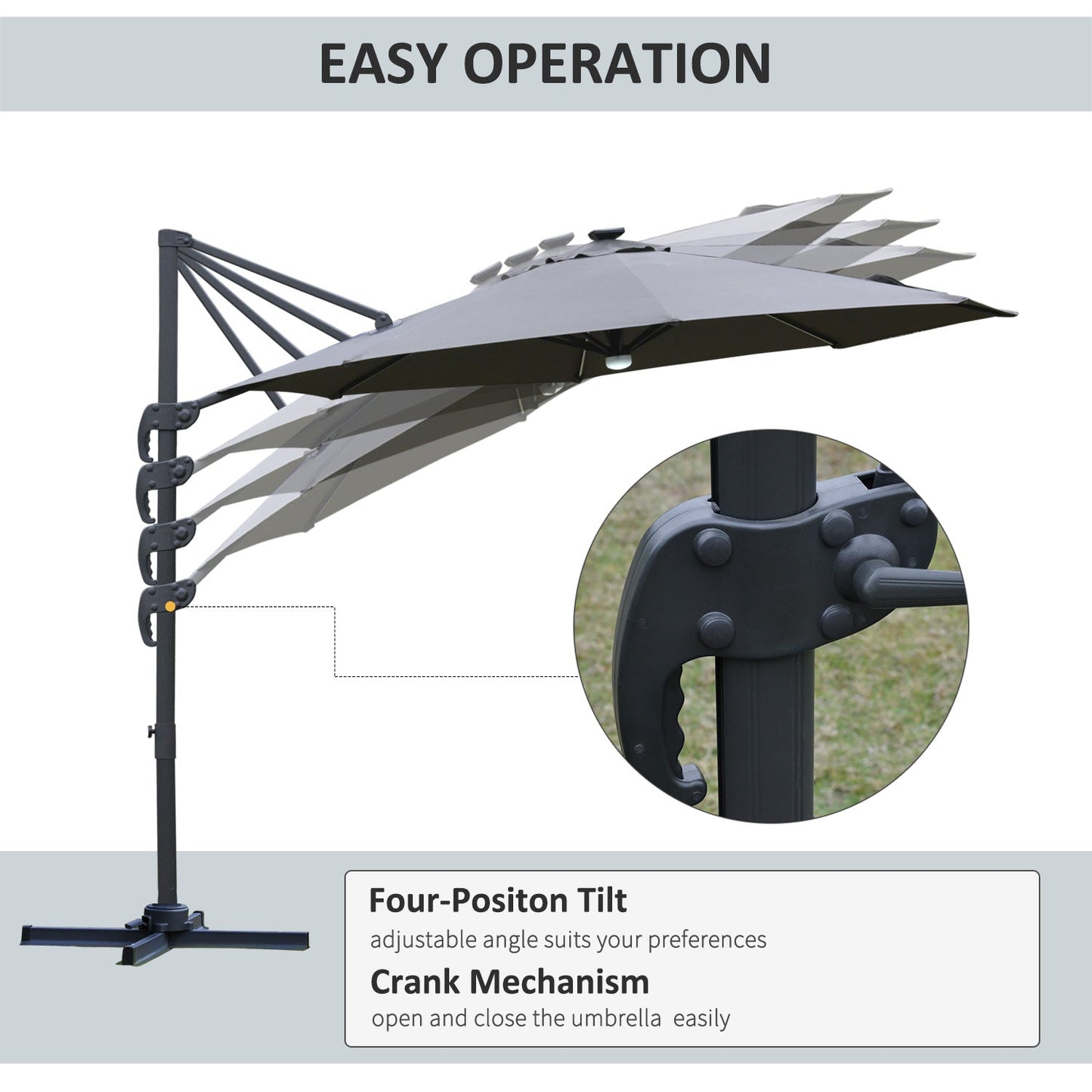 Outsunny 3(m) Parasol zewnętrzny LED Cantilever z podstawą i lampami solarnymi, szary