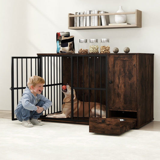 120CM Dog Crate Furniture with Hidden Pull-out Bowls in Drawer-Rustic Brown