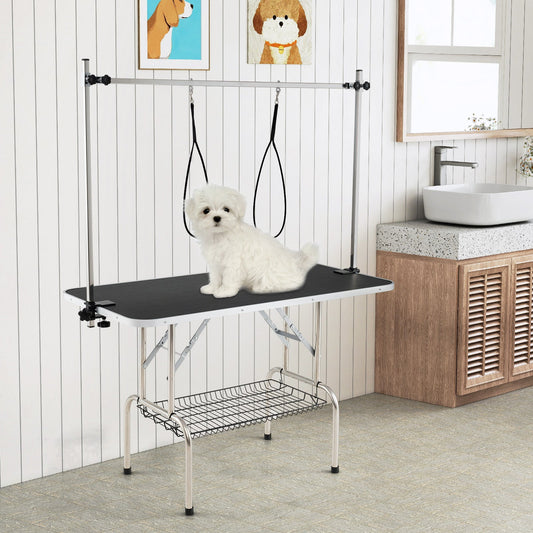 Foldable Dog Grooming Table with Height Adjustable Arms and Mesh Tray-Black