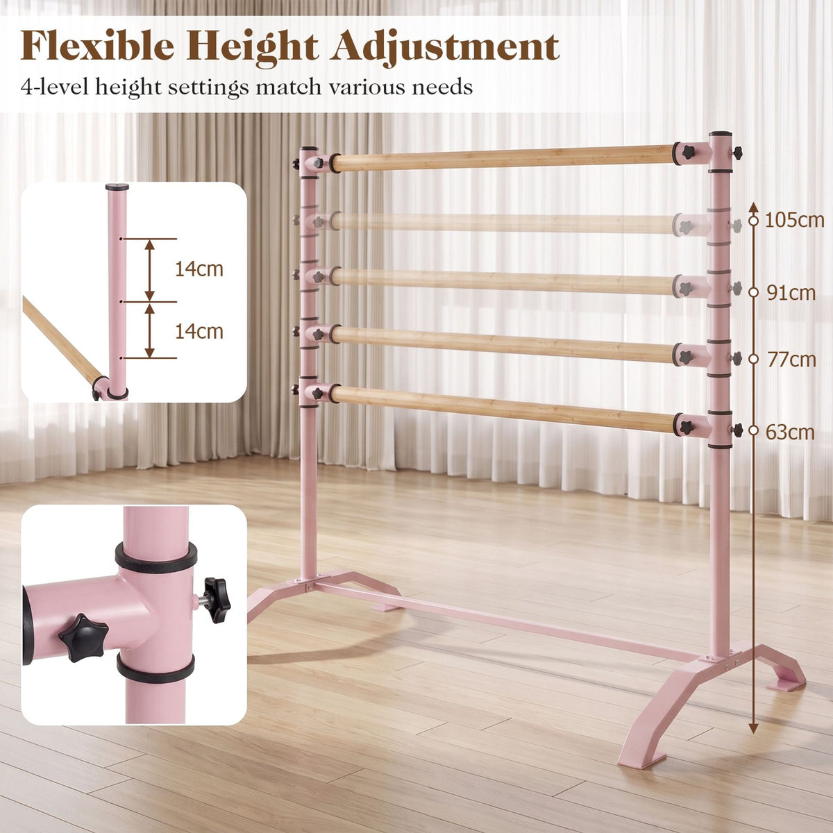 Double-Bar Ballet Barre with 3-Level Height Adjustable Bar Freestanding Balance Ballet Barre-Pink