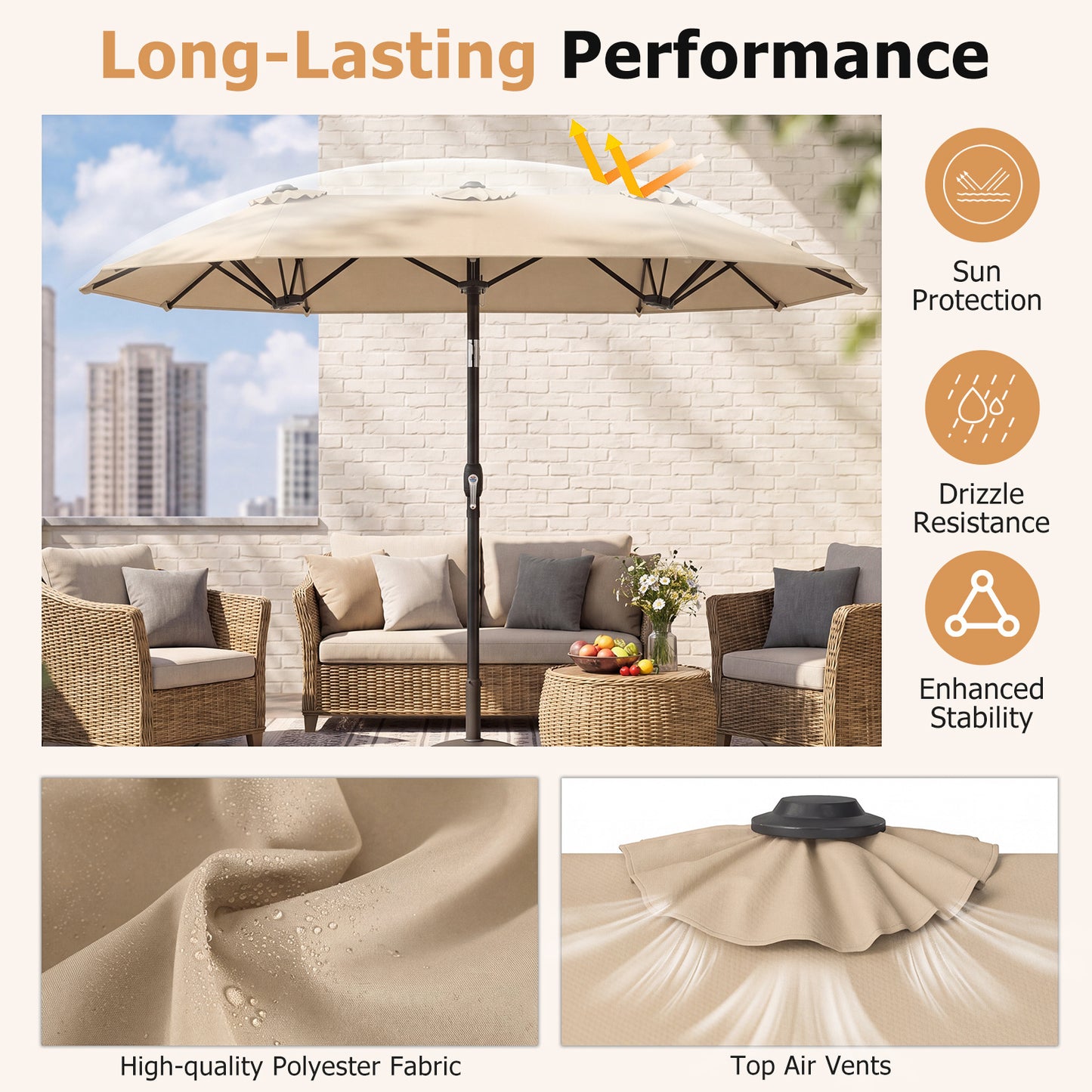 Double-Sided Patio Umbrella with Push Button Tilt and Crank and 12 Ribs-Beige