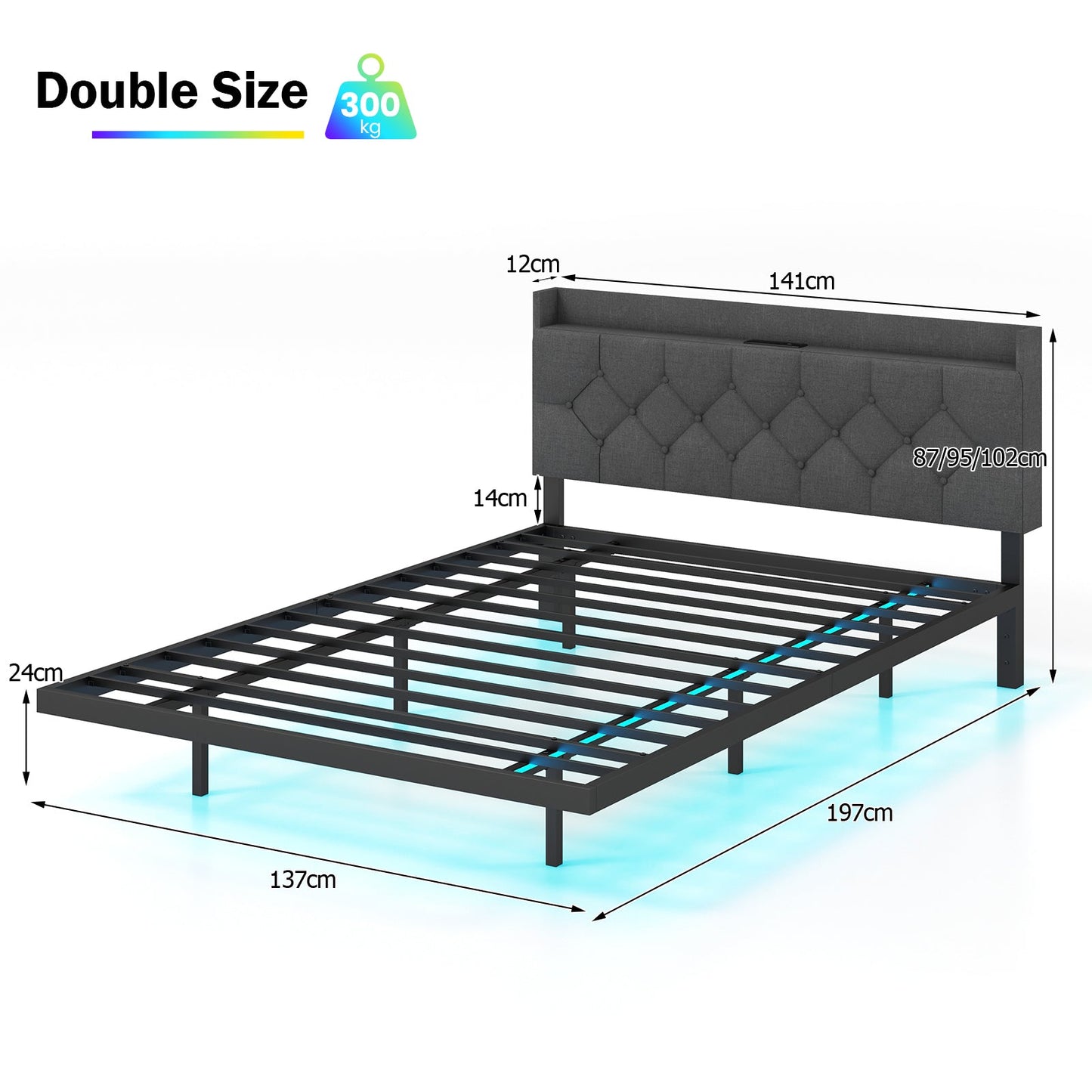 Double/King Size Floating Bed Frame with Adjustable Headboard and Charging Station-Grey-Double Size