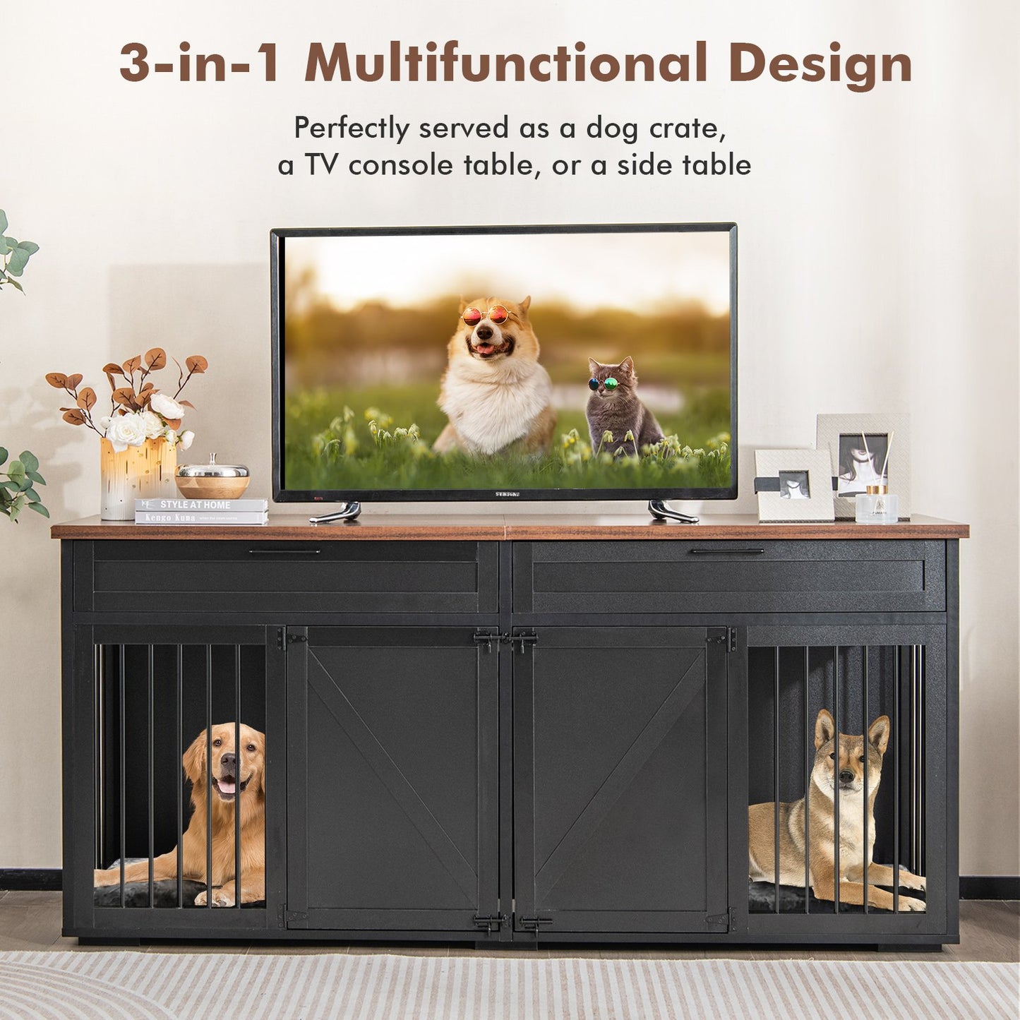 Double Dog Crate Furniture Breed Wood Dog Kennel with Room Divider-Black