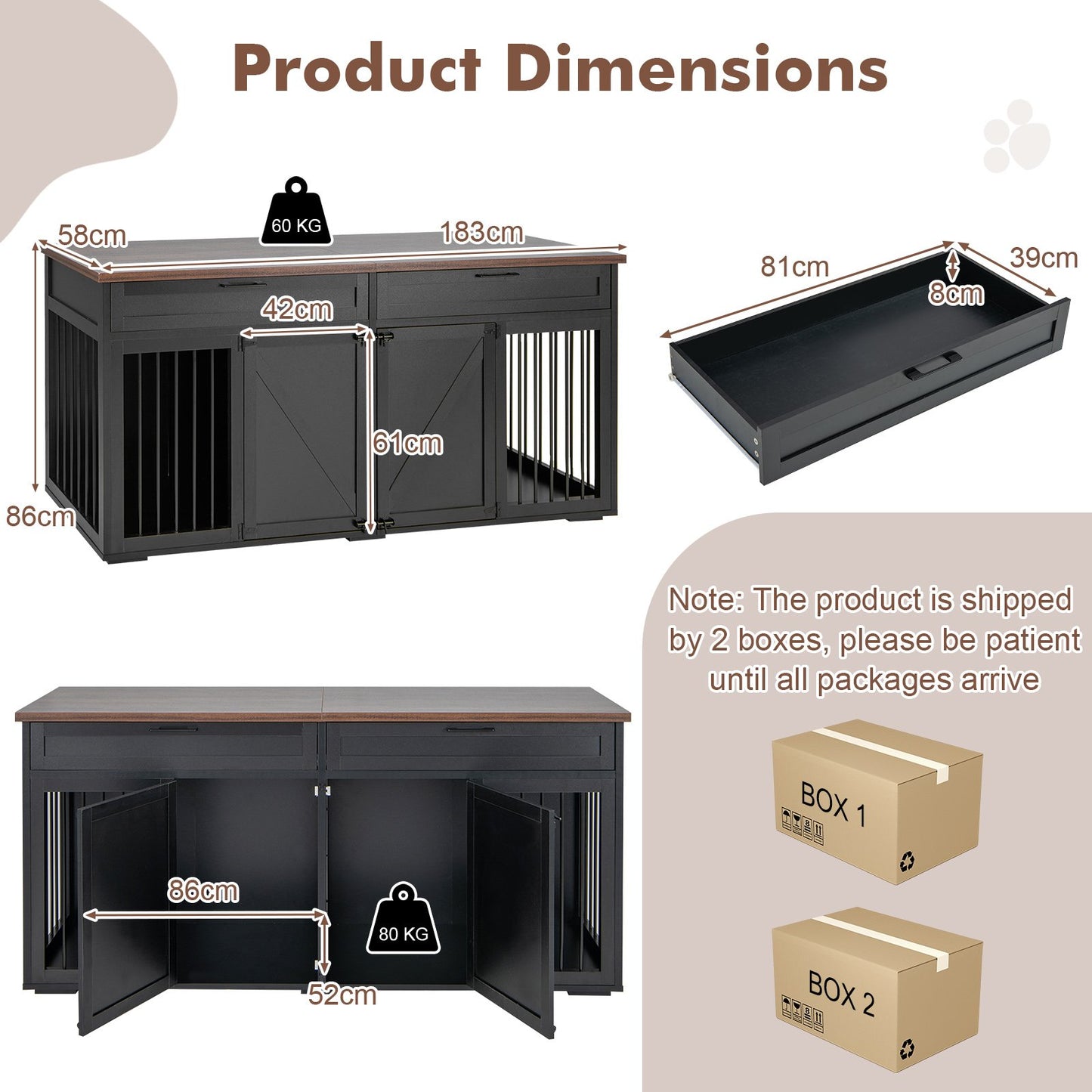 Double Dog Crate Furniture Breed Wood Dog Kennel with Room Divider-Black