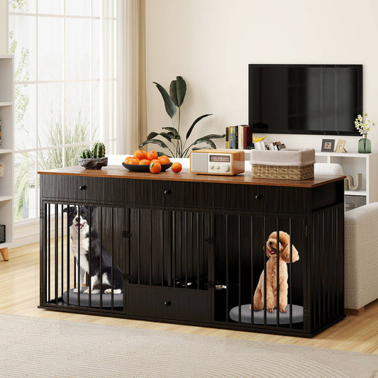 Double Dog Crate Furniture Dog Kennel with Pull-out Feeder and 3 Drawers-Black