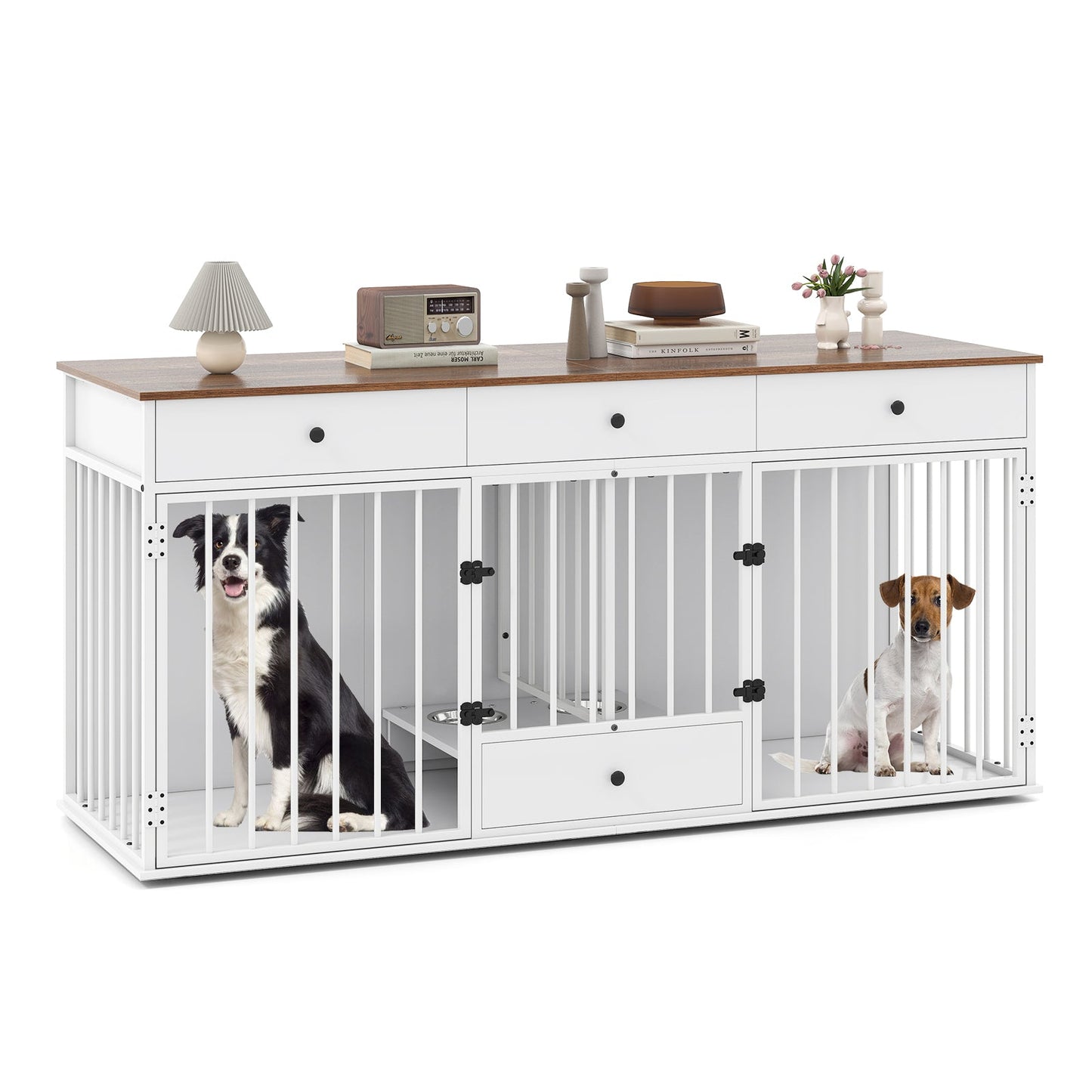 Double Dog Crate Furniture Dog Kennel with Pull-out Feeder and 3 Drawers-White