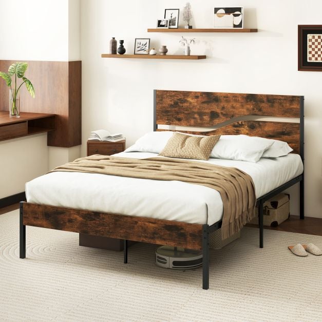Twin/Full/Queen/King Metal Bed Frame with Wooden Headboard and Footboard-Full Size