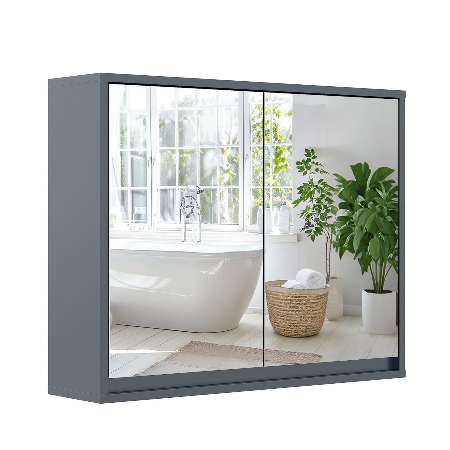 Double Mirrored Door Cabinet with Storage Shelf for Bathroom-Grey