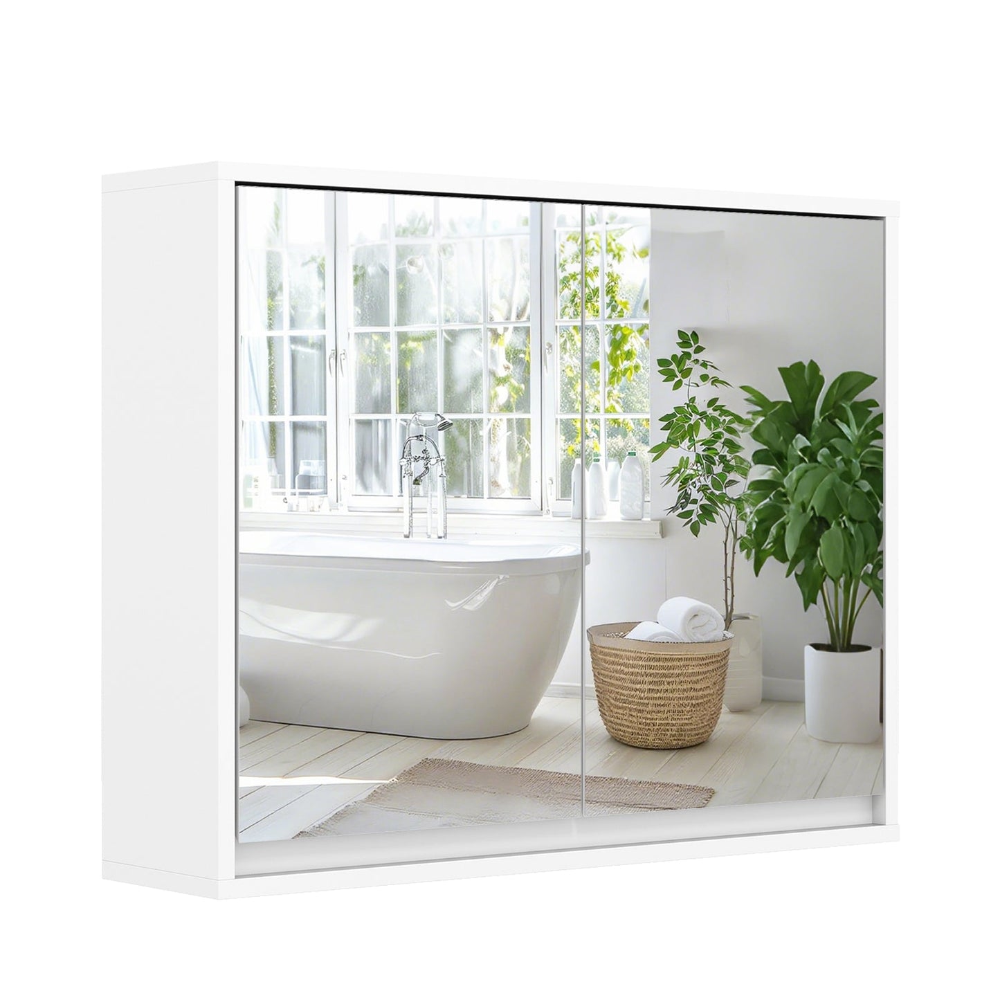 Double Mirrored Door Cabinet with Storage Shelf for Bathroom-White