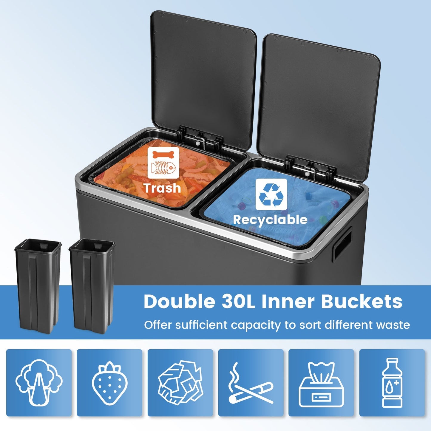 Double Recycle Pedal Bin wth Dual Removable Compartments-Black