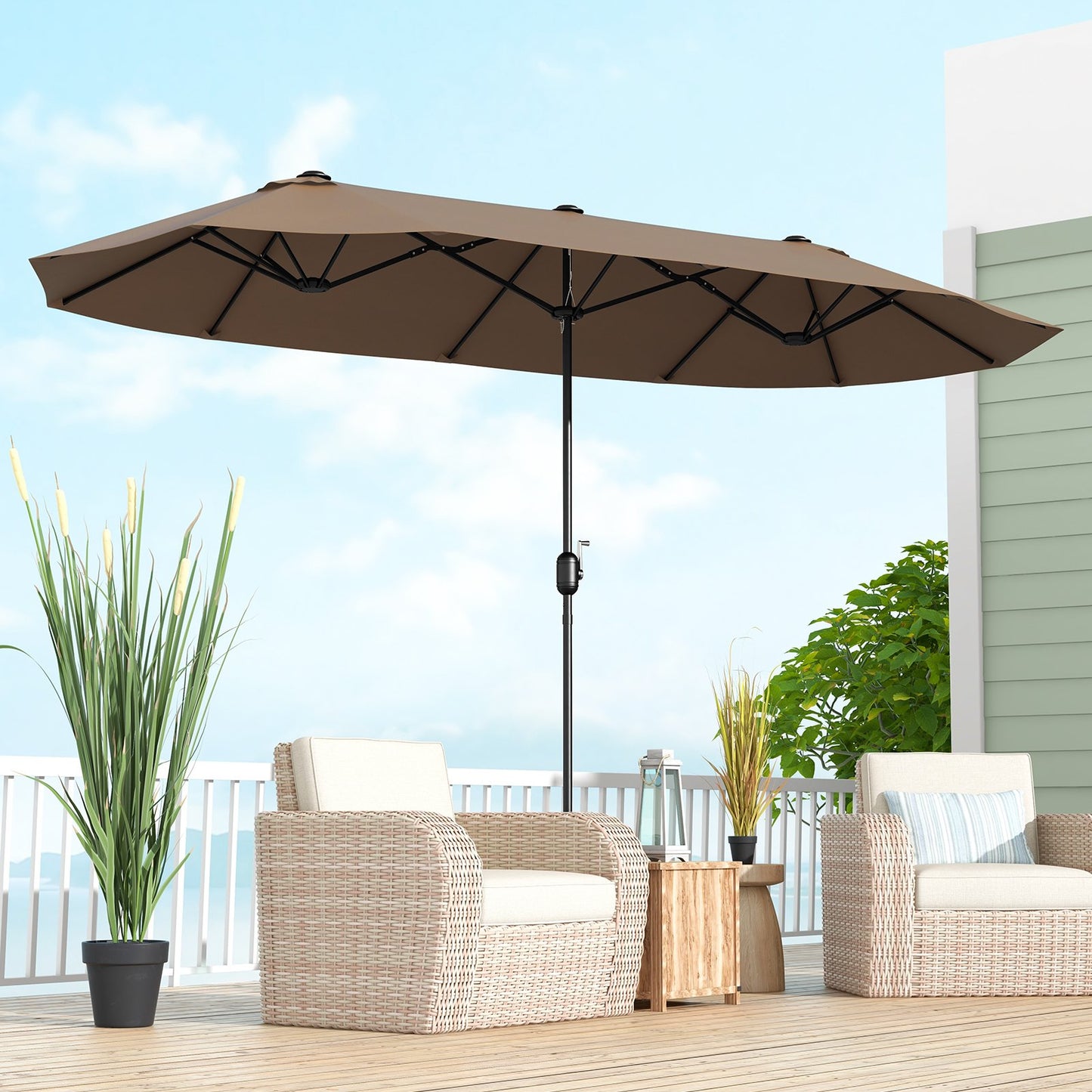 4m Double-sided Patio Umbrella with Crank Handle for Garden Pool Backyard-Tan