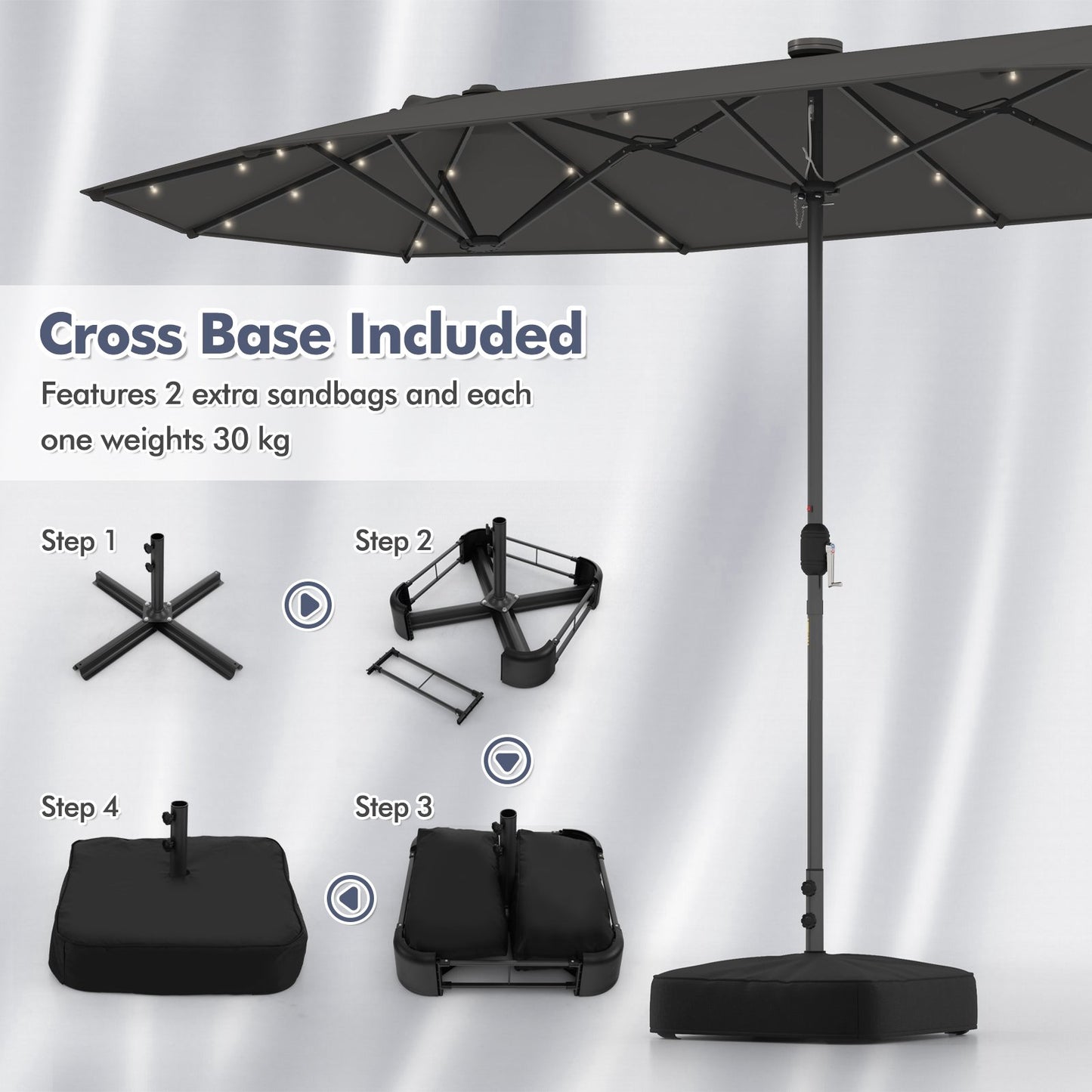 400cm Double-sided Patio Umbrella with Solar Lights-Grey