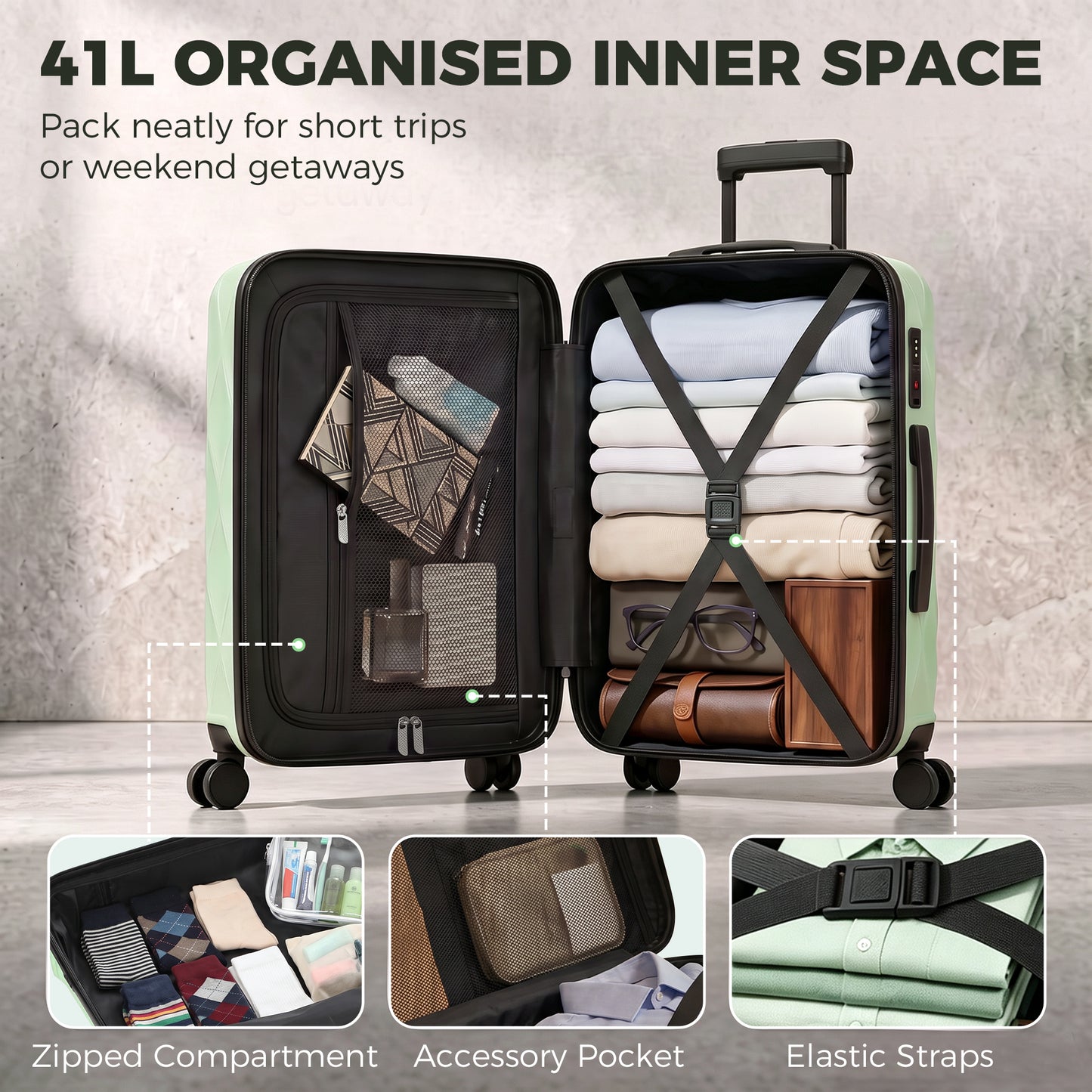 HOMCOM 22Inch 56cm Suitcase, ABS Hard Shell Carry On Luggage with TSA Lock, Spinner Wheels, Telescopic Handle, Green