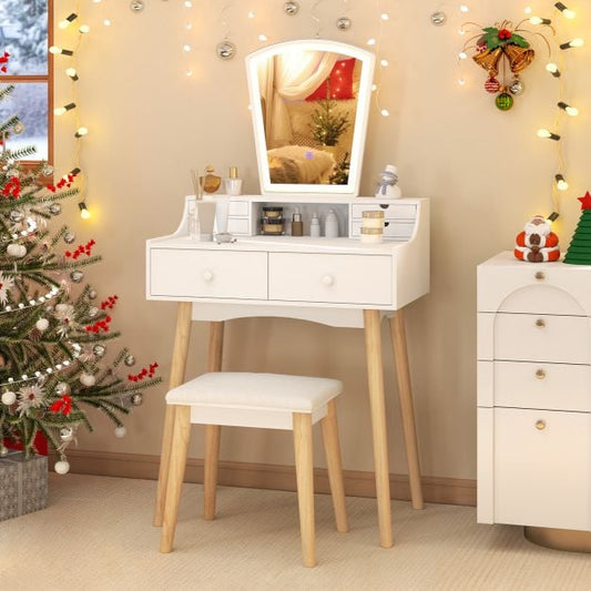 Dressing Table and Chair Set with 3 Lighting Modes and Natural Pine Wood Legs-White