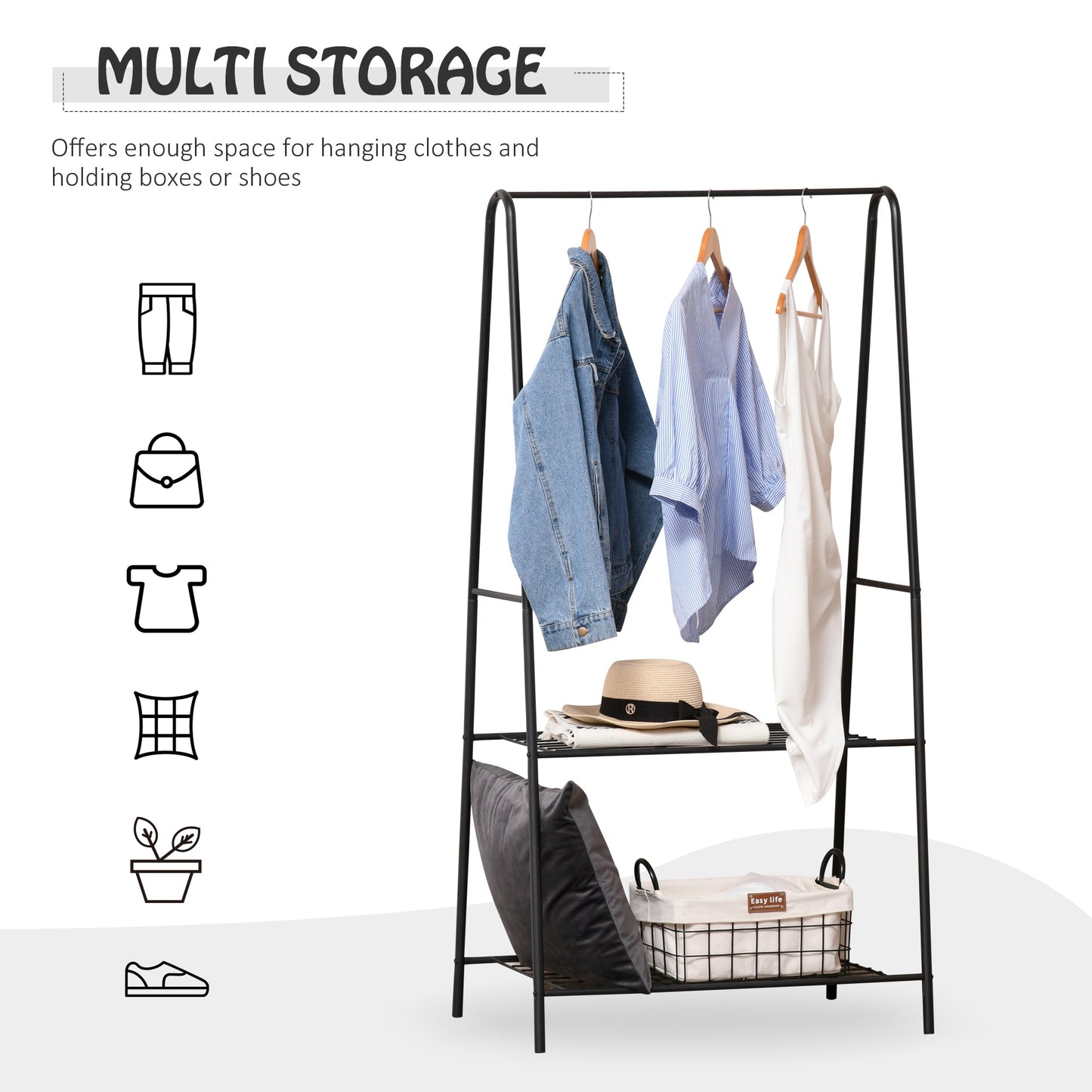 HOMCOM Metalowy wieszak na ubrania, wieszak na ubrania, organizer do przedpokoju, drążek na wieszaki, 2-poziomowa półka na buty w kształcie litery A, 77L x 45W x 153H cm, czarny