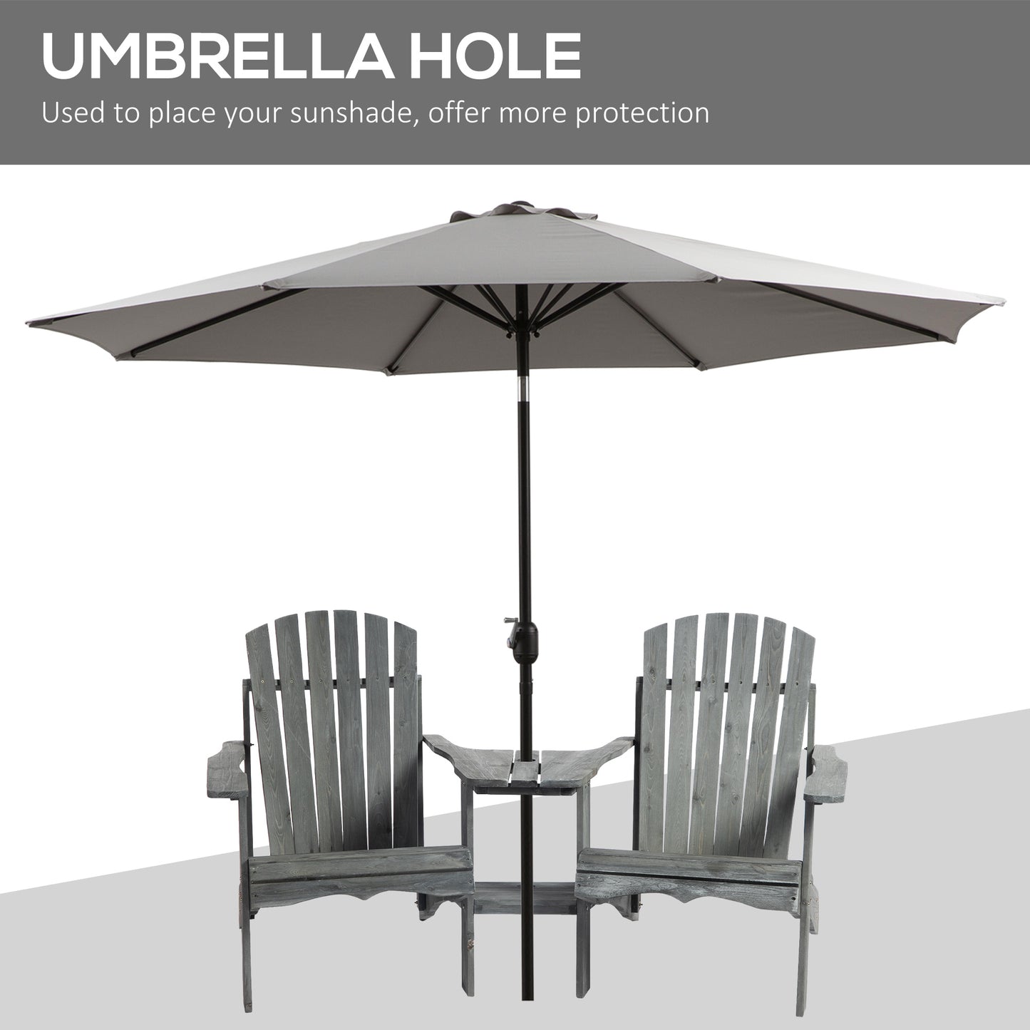 Drewniana sofa ogrodowa Outsunny Double Adirondack Chairs z podwójnymi krzesłami, stolikiem centralnym i otworem na parasol, meble ogrodowe do wypoczynku i relaksu, kolor szary
