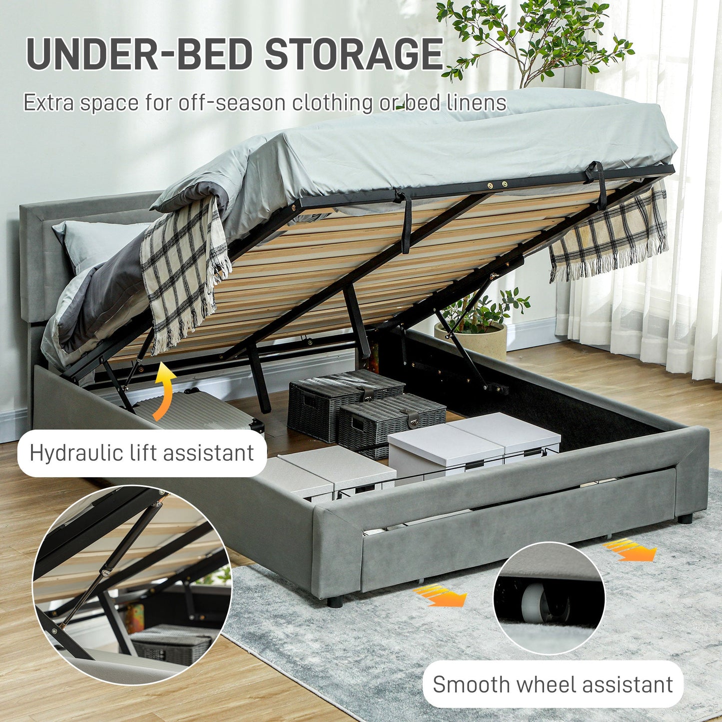 HOMCOM Double Size Ottoman Bed Frame 140W x 193.5D x 95Hcm with Front Drawer - Grey