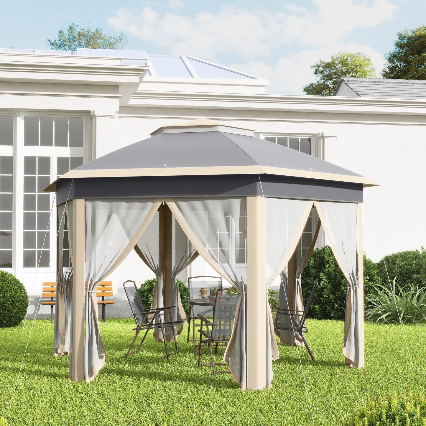 Outsunny Hexagon Pop Up Altana Zewnętrzna Altana Patio Podwójny Dach Natychmiastowe Schronienie z Siatką, 3 x 4 m, Khaki